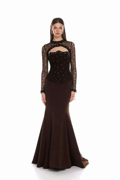 Kahverengi Korse Detaylı Dantel Görünümlü Abiye Elbise